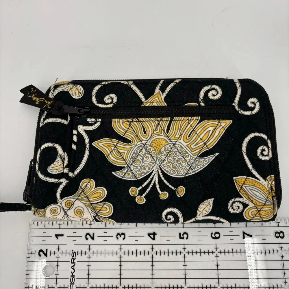 Vera Bradley Zip Around Wallet Wristlet Quilted Black Yellow Brid Floral 8 Inch - Picture 7 of 8